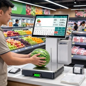 Grocery POS and weighing hardware with label-printing scale for fresh-food checkout