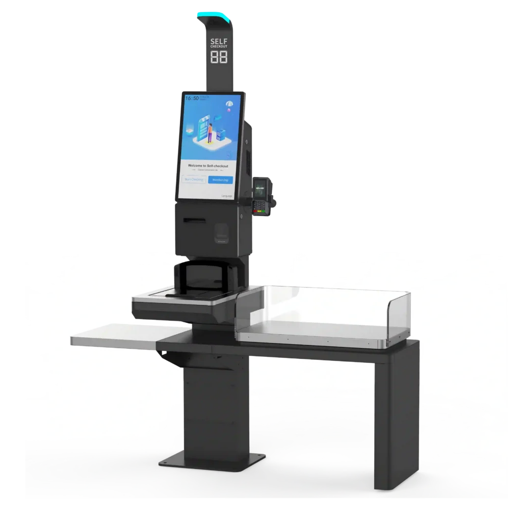 Self-checkout kiosk hardware with touchscreen, scanner and printer modules