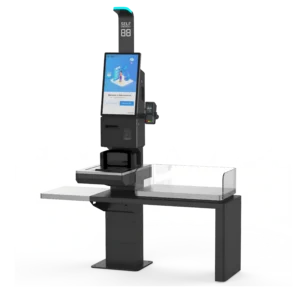 Self-checkout kiosk hardware with touchscreen, scanner and printer modules
