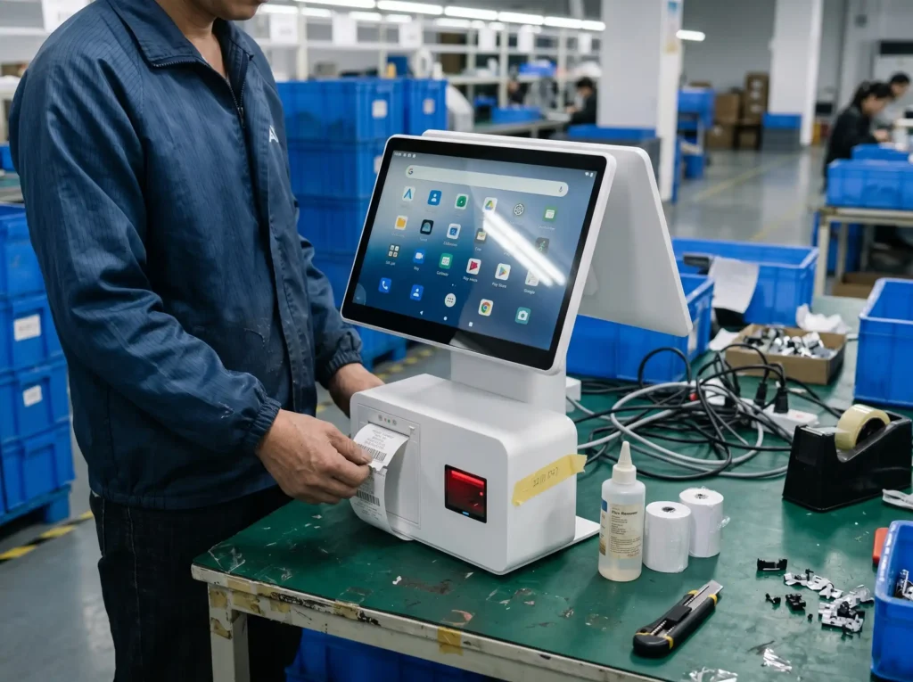 Android POS terminal sample with built-in printer reviewed in supplier workshop