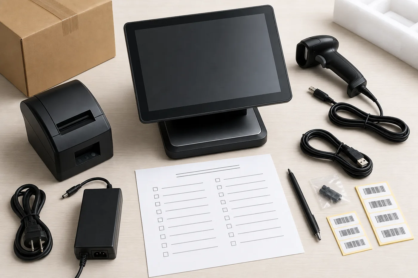 POS hardware configuration checklist with accessories cables scanner printer and packaging