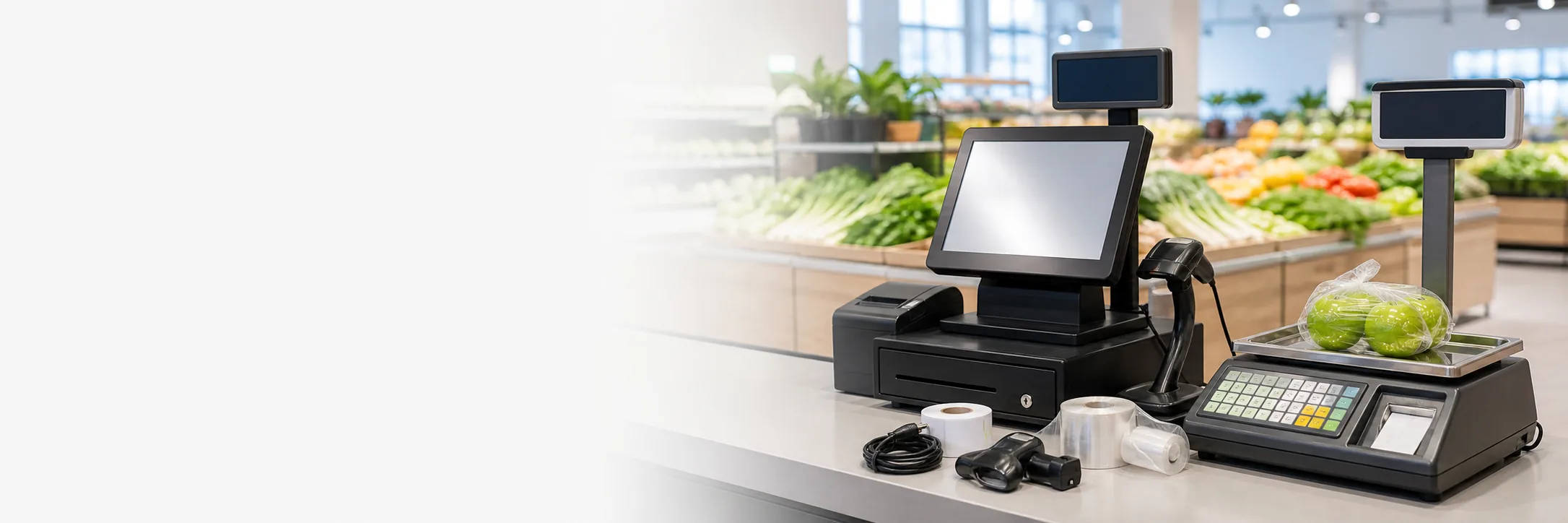 grocery POS and weighing hardware with touchscreen terminal scanner receipt printer and produce scale