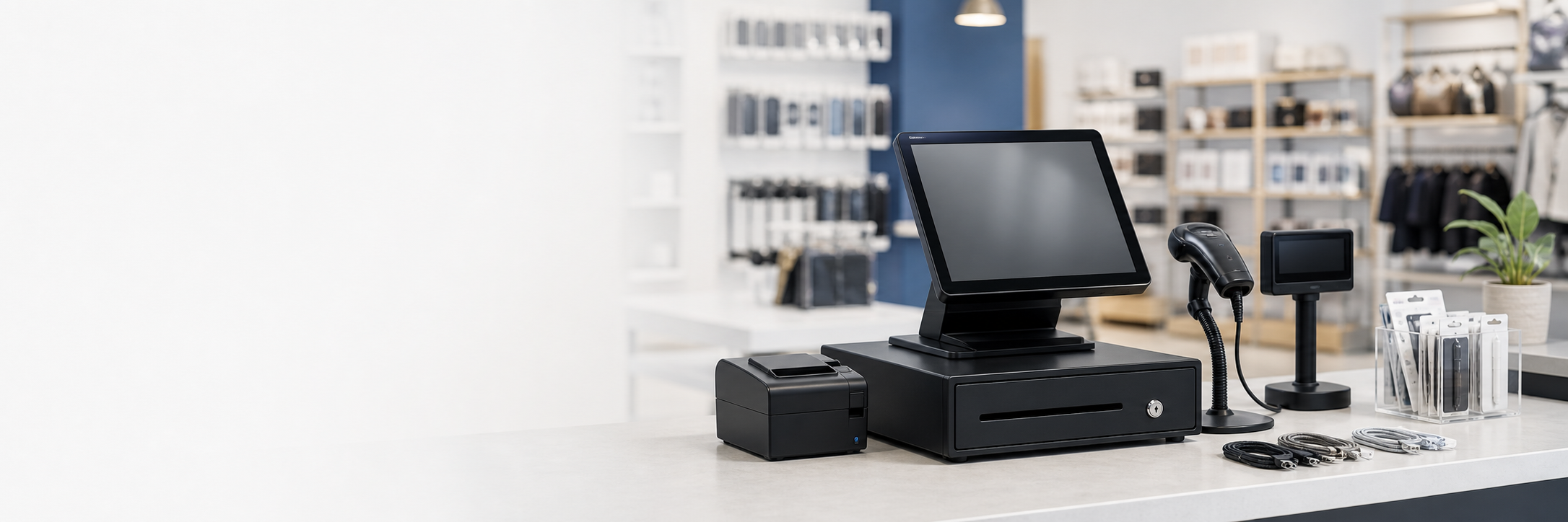 retail POS hardware with touchscreen terminal scanner receipt printer cash drawer and customer display