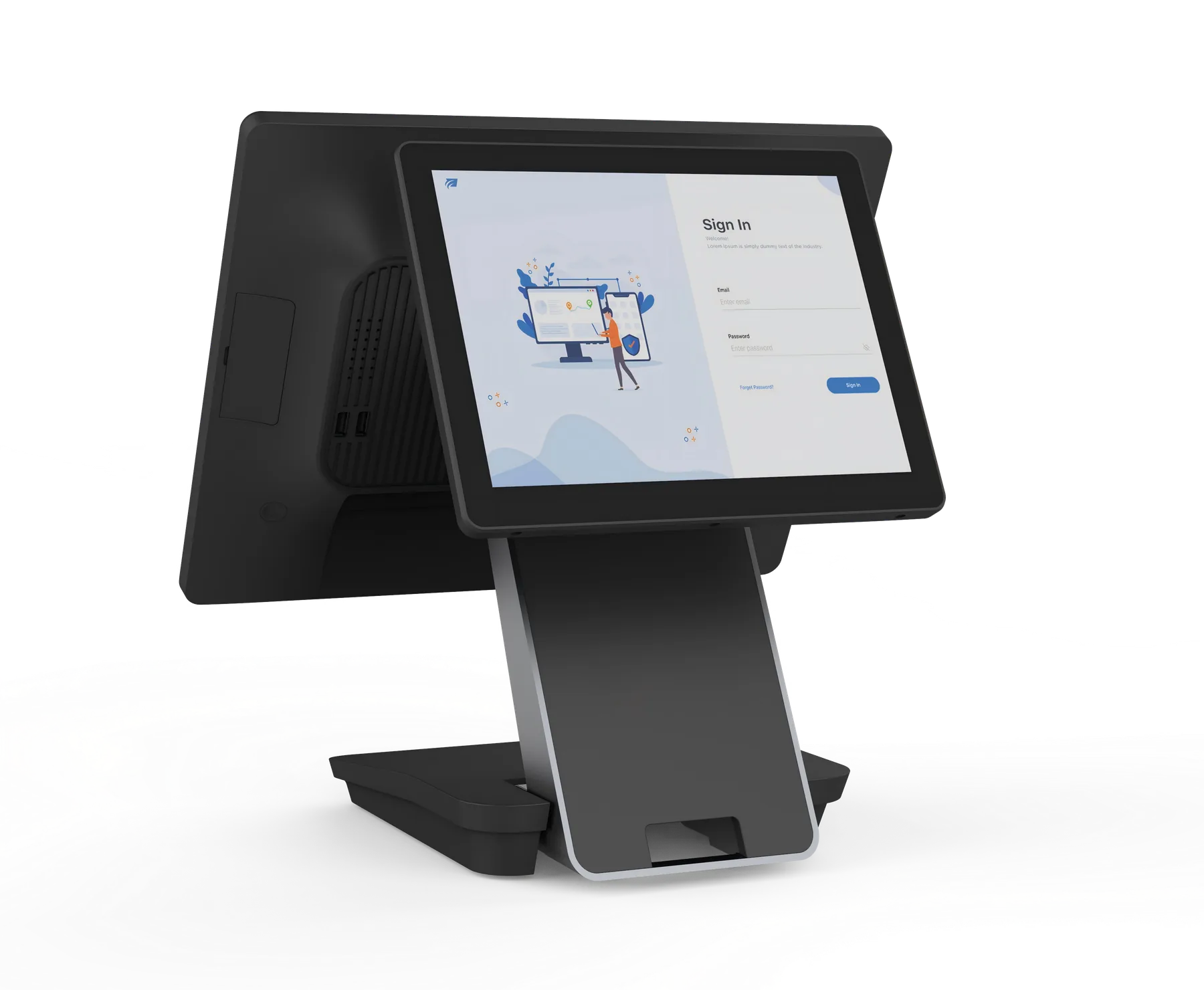 Windows 11 POS terminal with metal enclosure and dual display