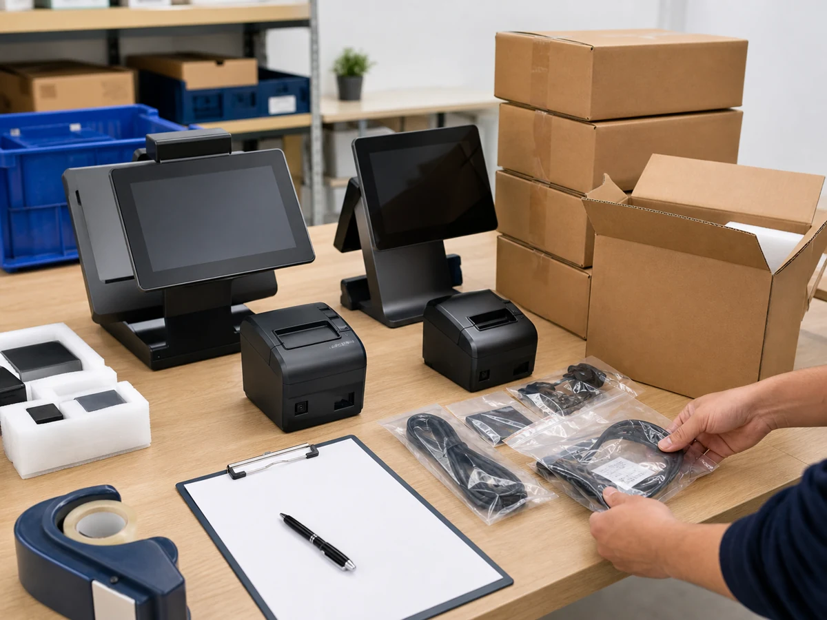 POS hardware order follow-up with packaging accessories and shipment checks