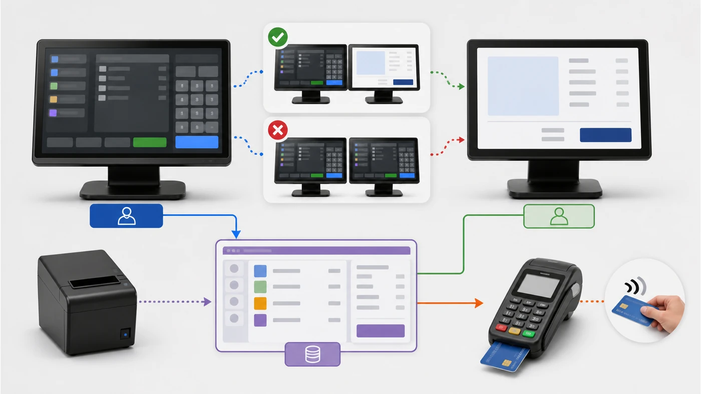 POS dual-display checkout workflow from cashier cart to customer view and payment handoff