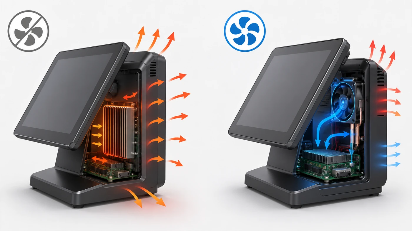 Educational comparison of passive and active cooling paths for a retail POS terminal