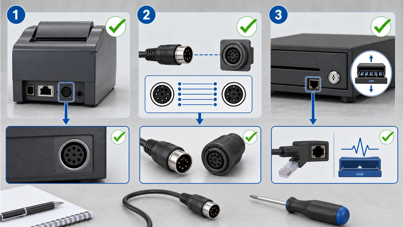 Buyer-side visual checklist for checking a POS printer drawer port, cable wiring and cash drawer trigger path