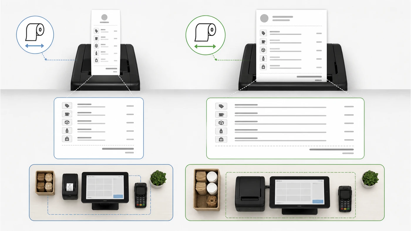 Visual comparison of narrow and wide POS receipt paper paths and itemized receipt layout