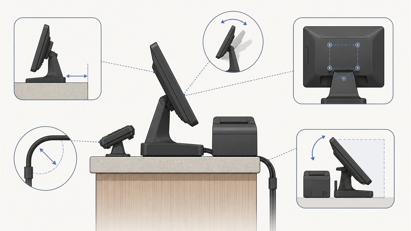 Side-profile POS terminal mounting diagram showing counter depth, cable clearance, tilt and service access