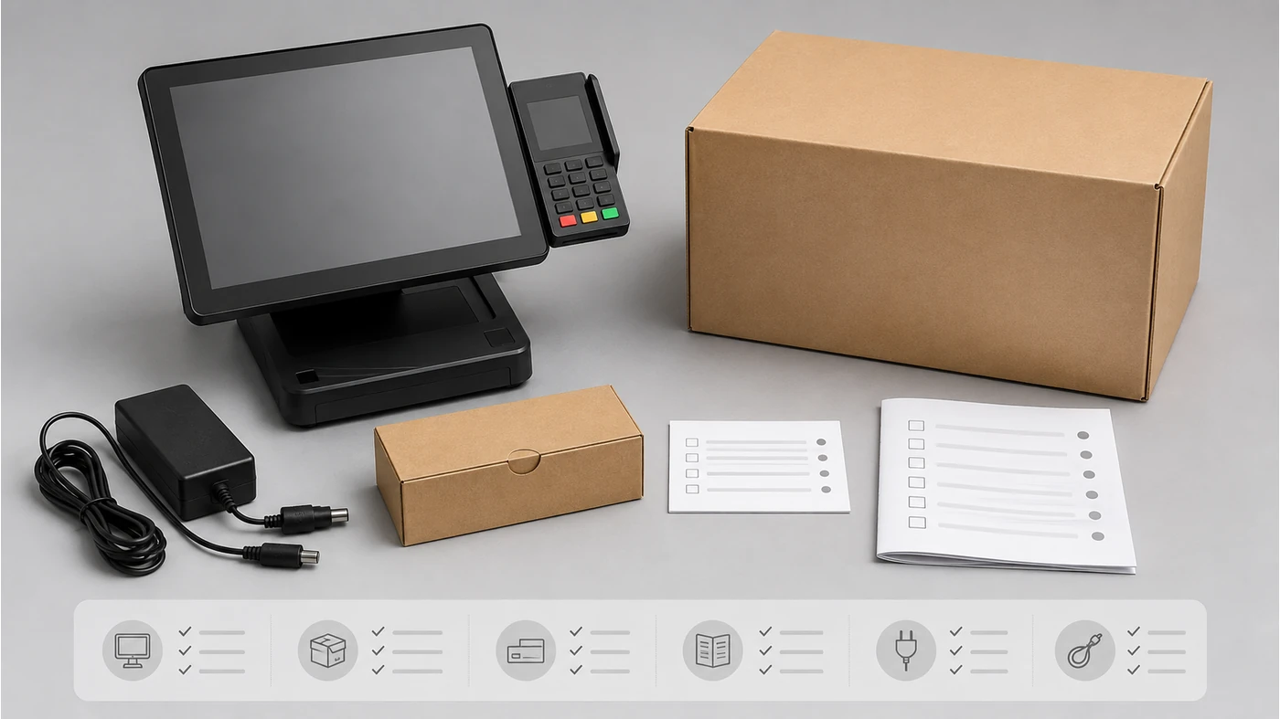 Illustrative POS hardware OEM planning scene with terminal packaging label card manual and accessories