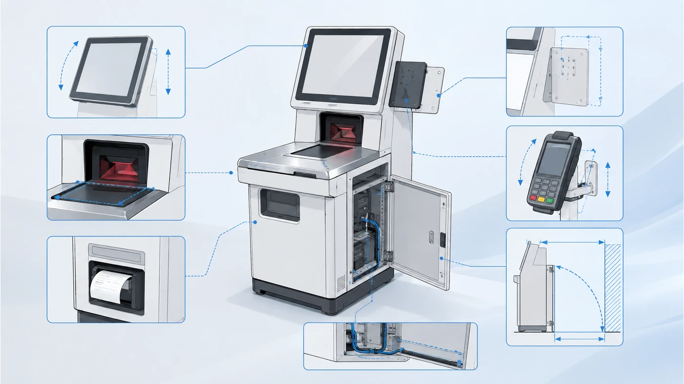 Illustrative self-checkout kiosk planning diagram showing scanner printer payment terminal and service-access considerations