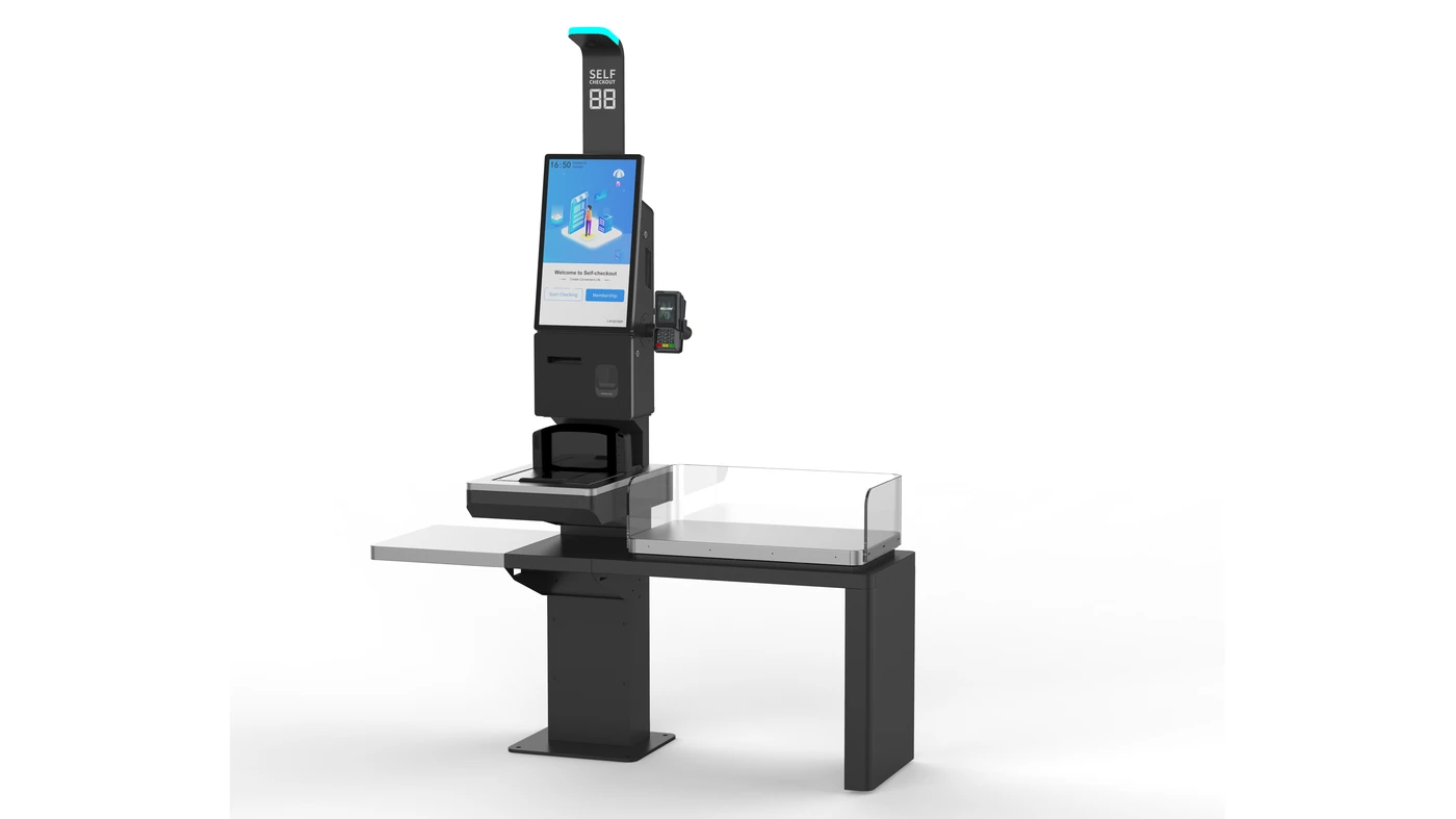 Floor-standing self-checkout kiosk with touchscreen scanner payment terminal and bagging-area layout